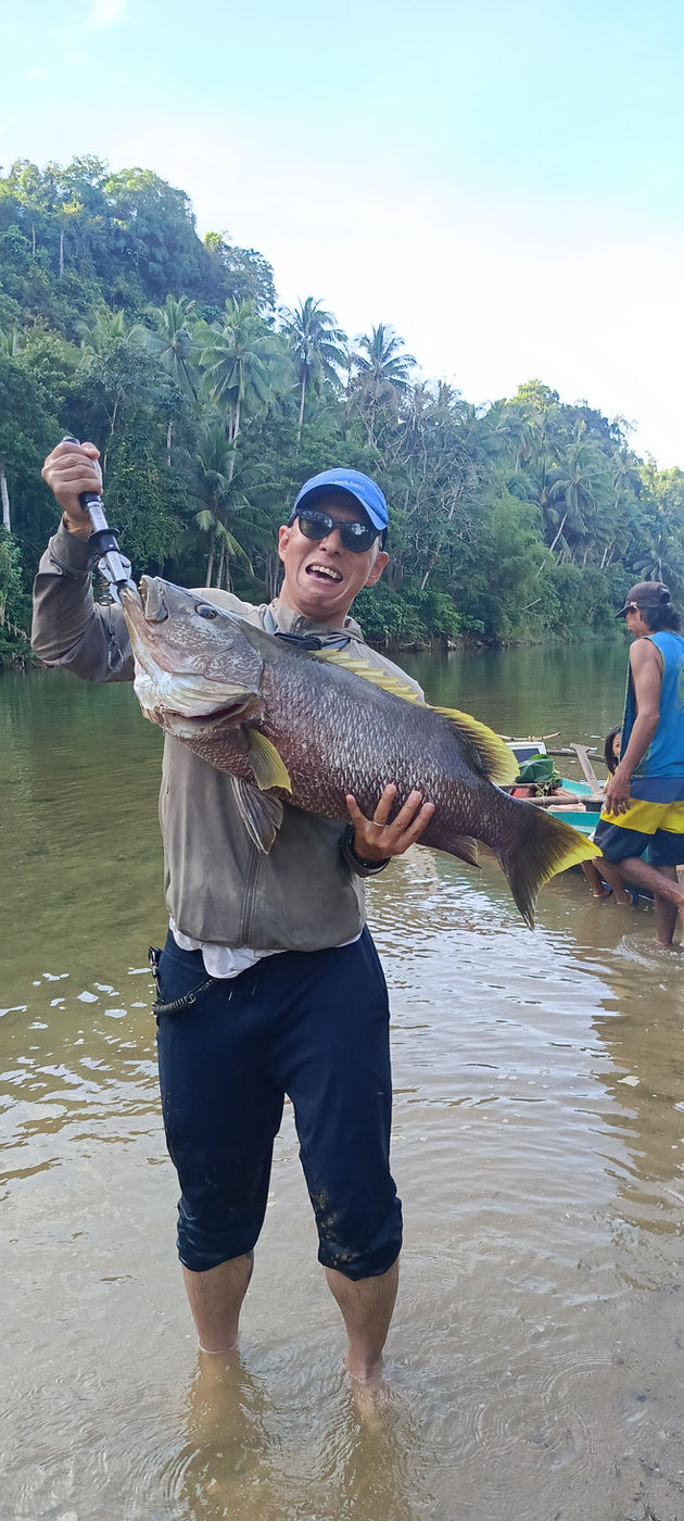Angler standing in the river holding a mangrove jack
